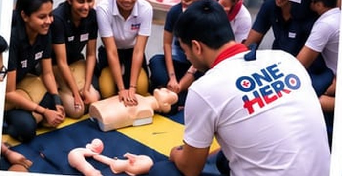 A group of participants kneeling around CPR manikins at a skill station