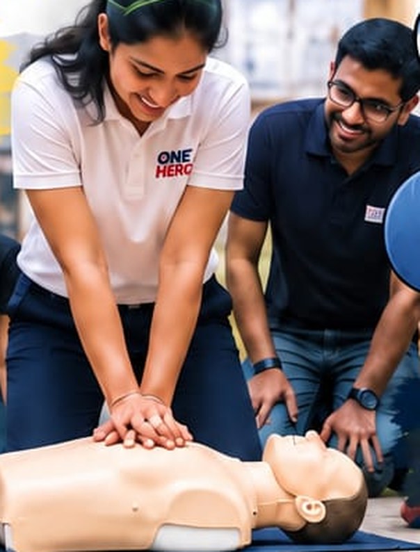 A participant practising chest compressions on a CPR manikin while a teammate watches and encourages